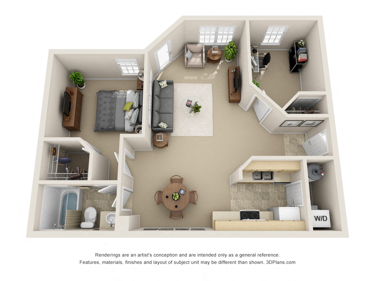 Floor plan for 1 bed, 1 bath, 912 sqft